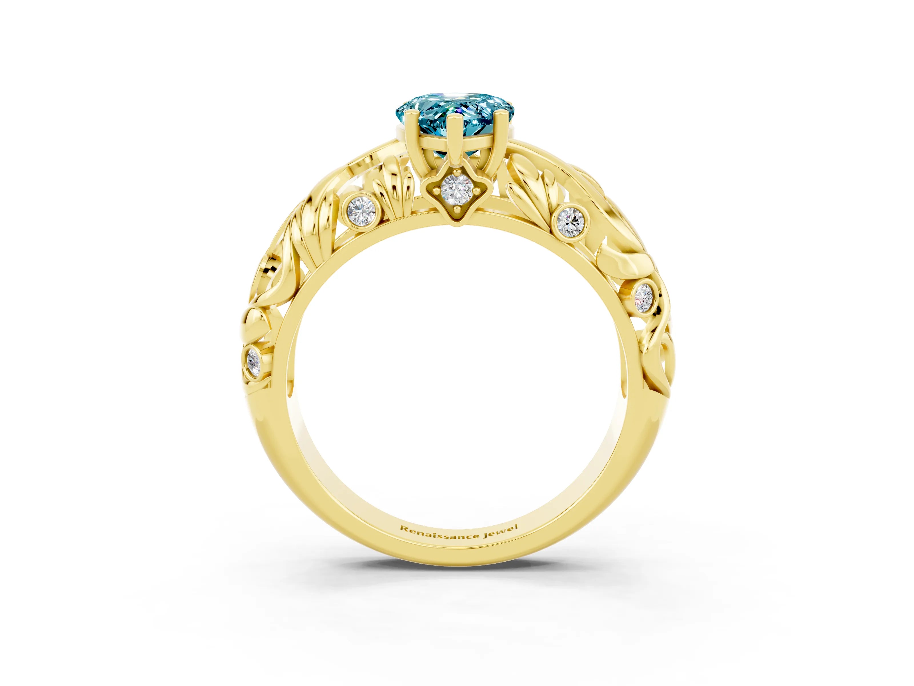 Yellow gold Pear Cut Solitaire Blue Topaz Leaf-Inspired Vine Band Ring with Prong Setting_3