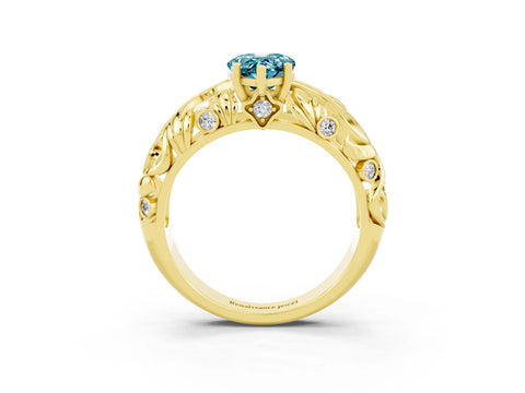 Yellow gold Pear Cut Solitaire Blue Topaz Leaf-Inspired Vine Band Ring with Prong Setting_3