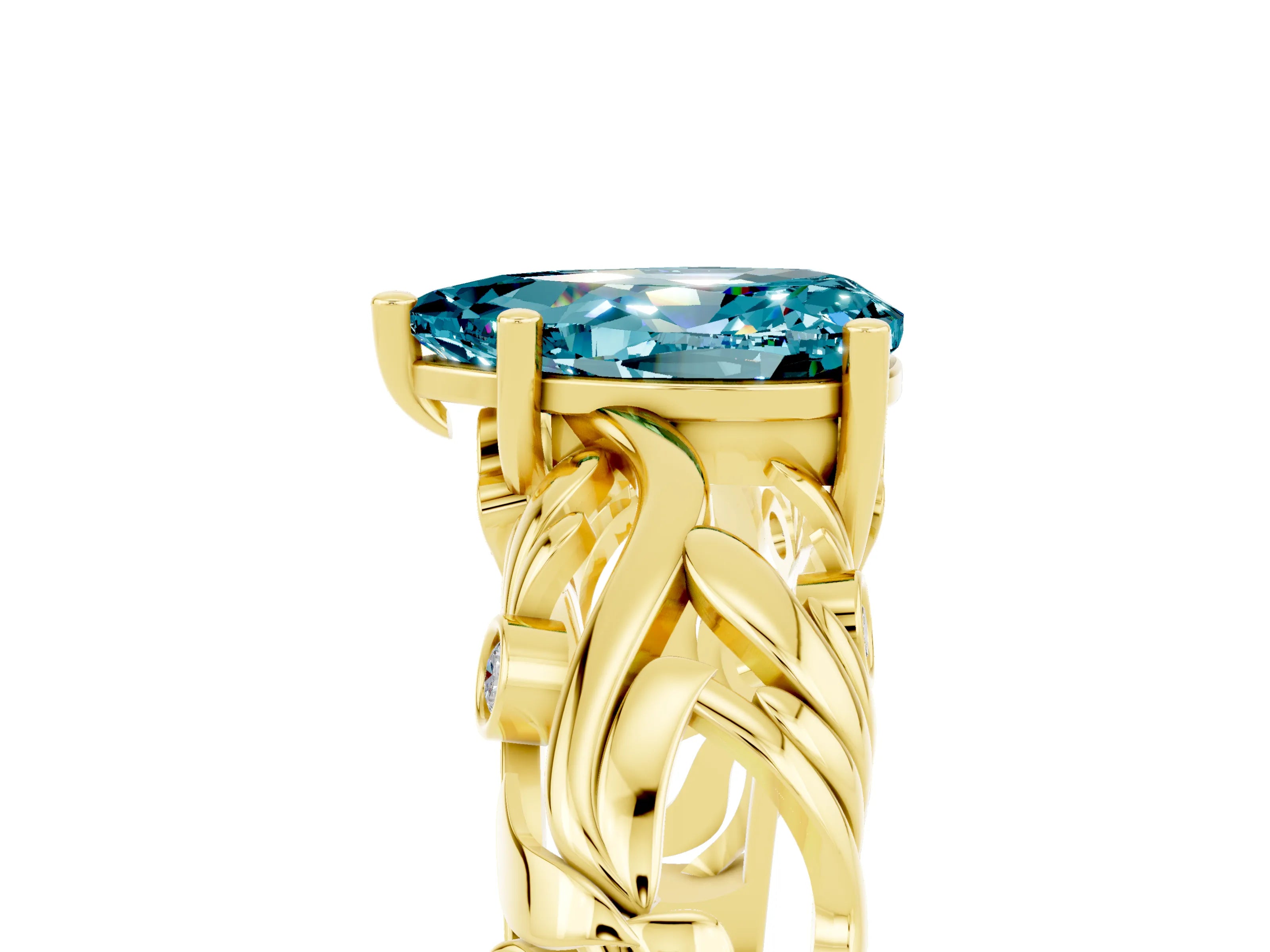 Yellow gold Pear Cut Solitaire Blue Topaz Leaf-Inspired Vine Band Ring with Prong Setting_5