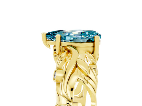 Yellow gold Pear Cut Solitaire Blue Topaz Leaf-Inspired Vine Band Ring with Prong Setting_5