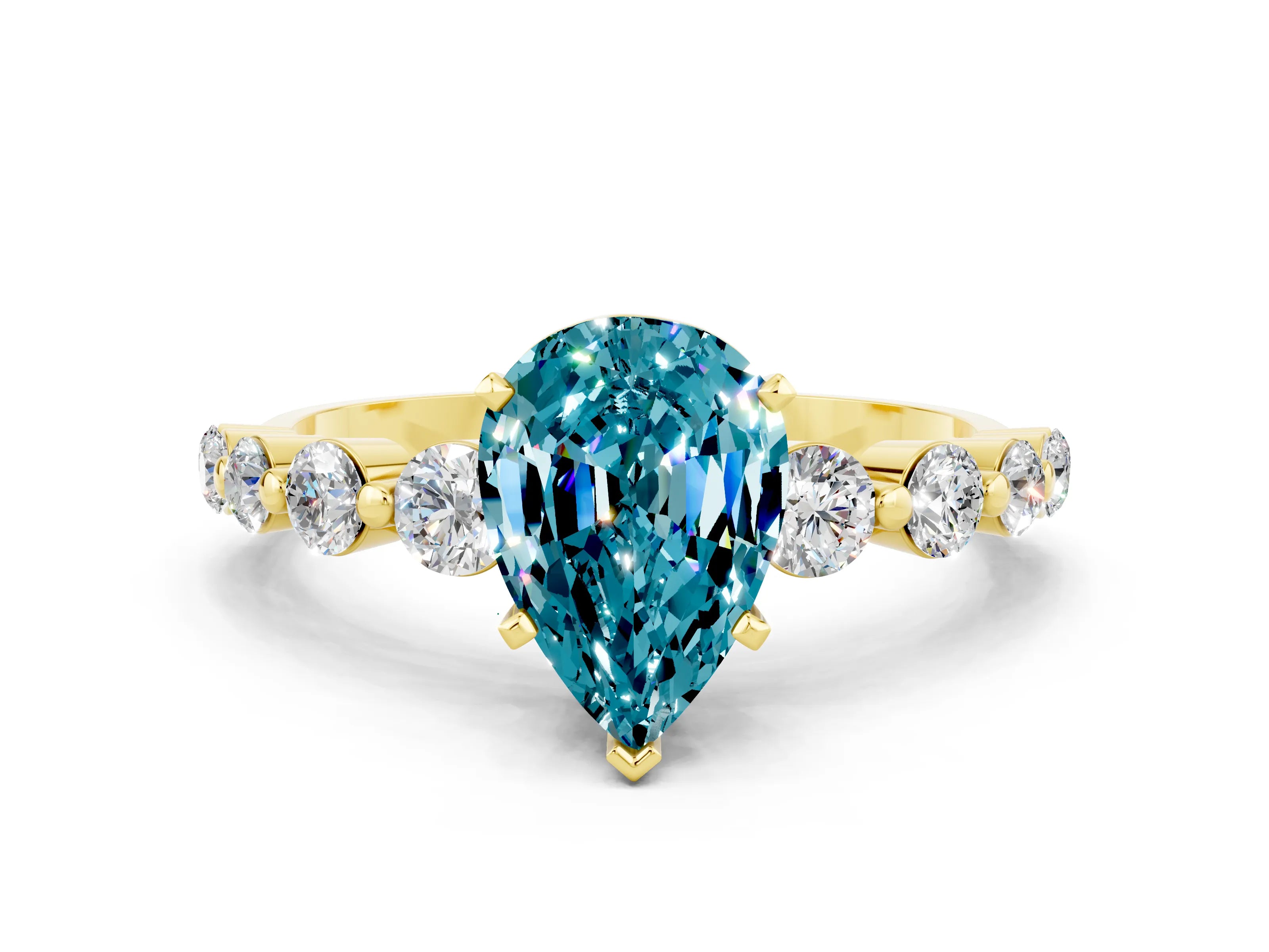 Yellow gold Pear Cut Solitaire Blue Topaz Ring with Pave Band and Four-Prong Setting