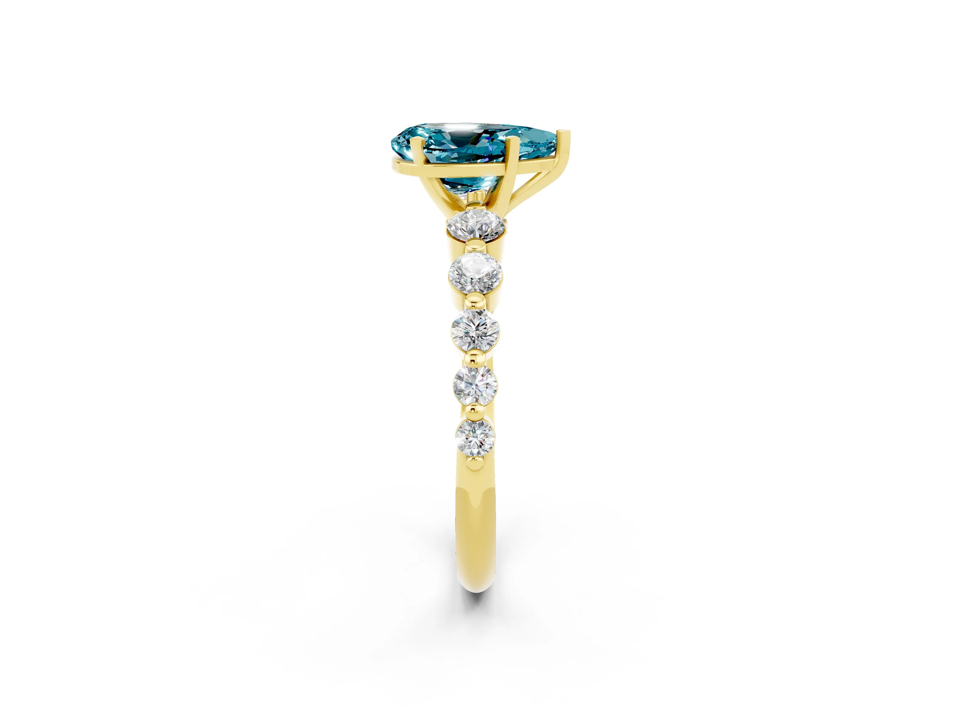 Yellow gold Pear Cut Solitaire Blue Topaz Ring with Pave Band and Four-Prong Setting_2
