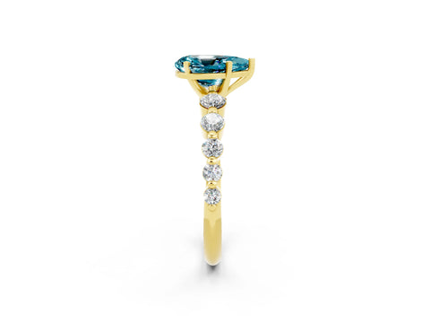 Yellow gold Pear Cut Solitaire Blue Topaz Ring with Pave Band and Four-Prong Setting_2