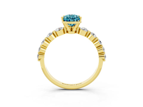 Yellow gold Pear Cut Solitaire Blue Topaz Ring with Pave Band and Four-Prong Setting_3