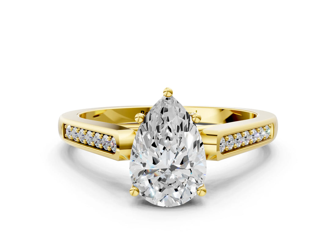 Yellow gold Pear Cut Solitaire Cathedral Diamond Engagement Ring with Channel-Set Band and Four-Prong Setting_7