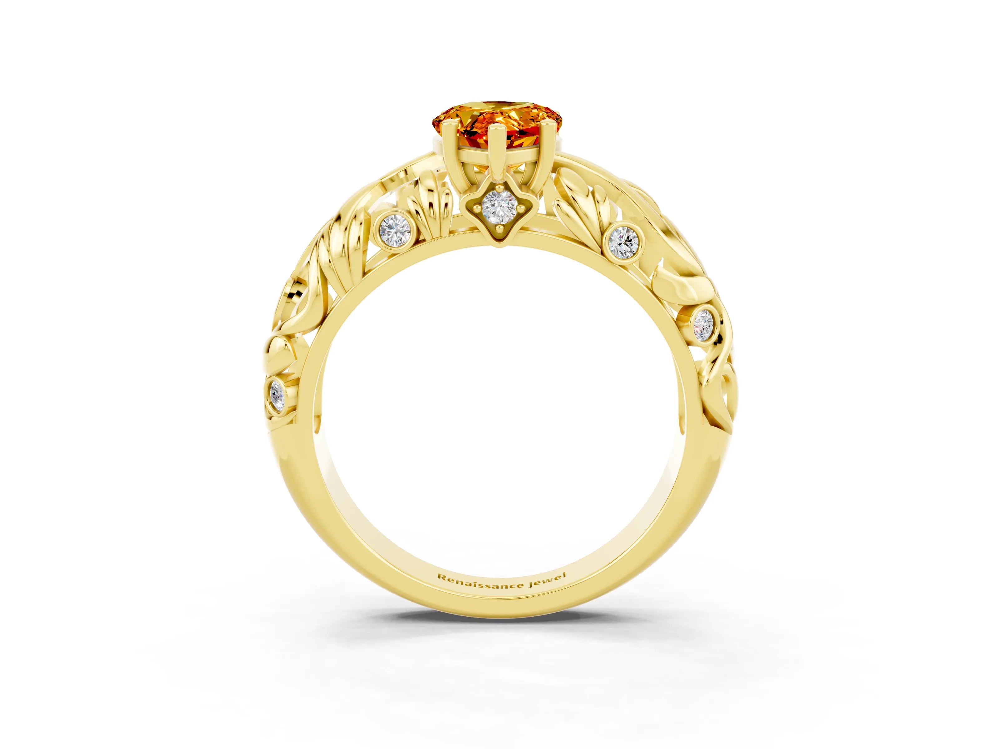 Yellow gold Pear Cut Solitaire Citrine Leaf-Inspired Vine Band Ring with Prong Setting_3
