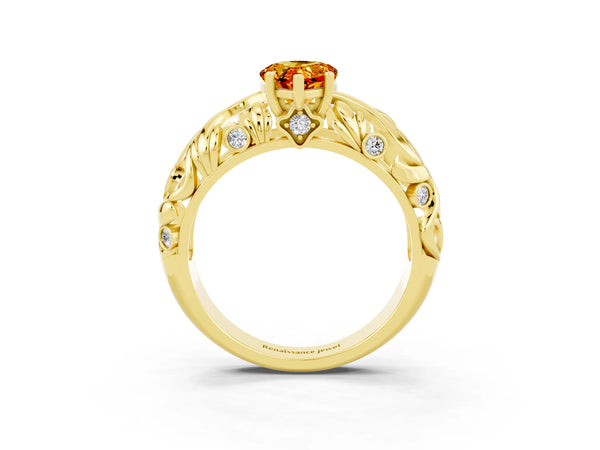 Yellow gold Pear Cut Solitaire Citrine Leaf-Inspired Vine Band Ring with Prong Setting