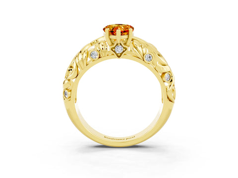 Yellow gold Pear Cut Solitaire Citrine Leaf-Inspired Vine Band Ring with Prong Setting_3