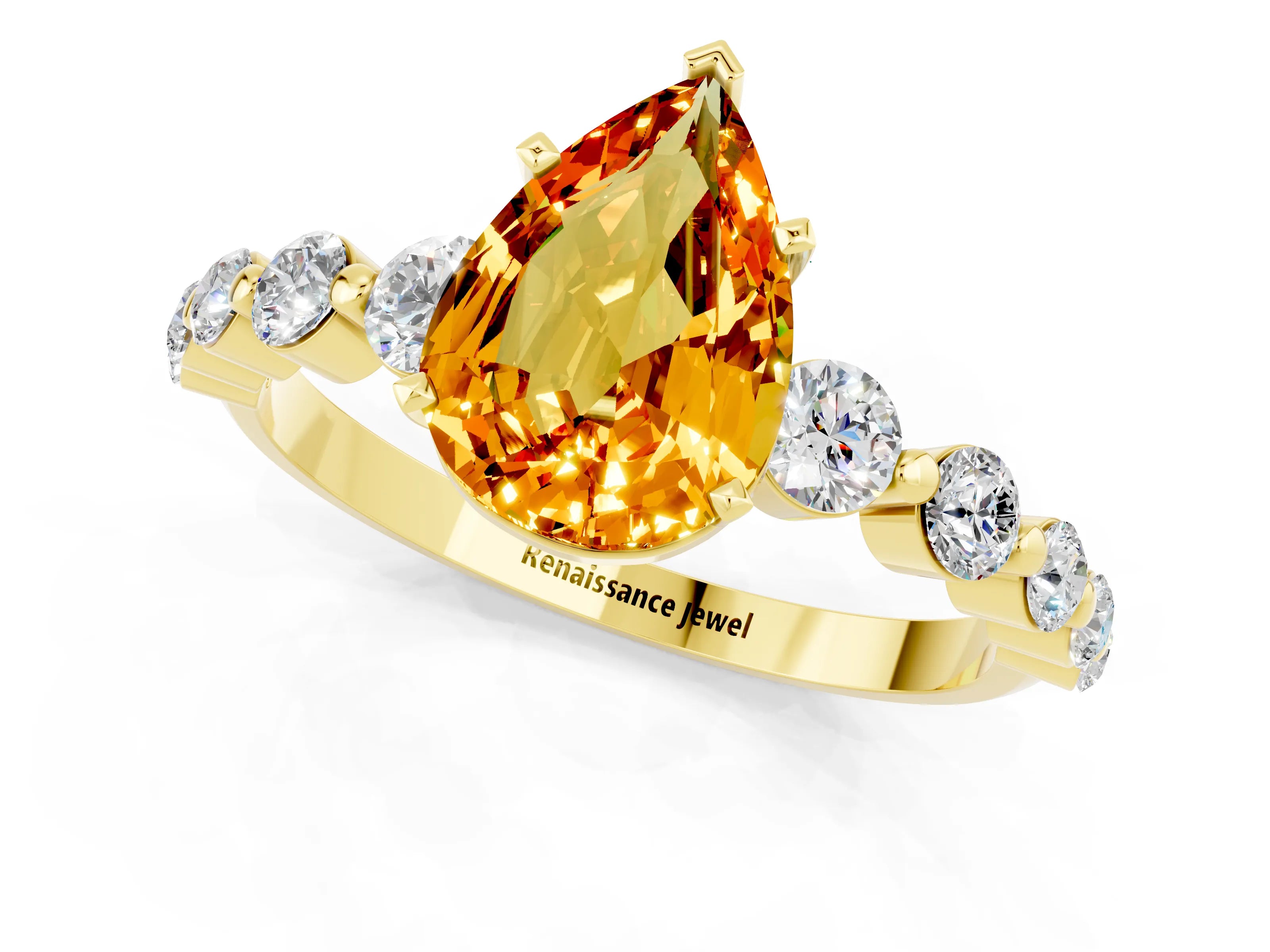 Yellow gold Pear Cut Solitaire Citrine Ring with Pave Band and Four-Prong Setting_1