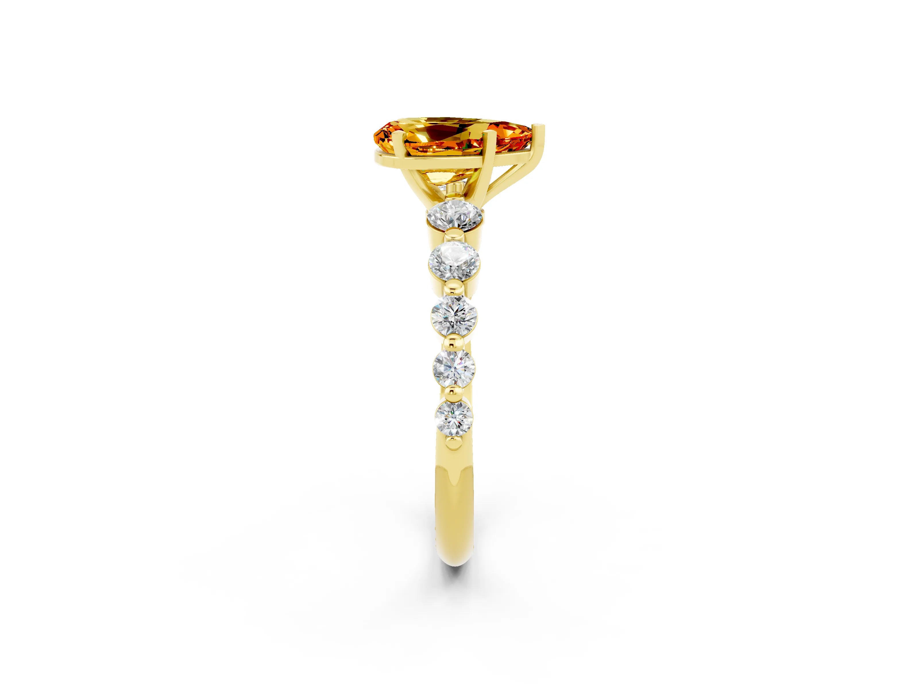 Yellow gold Pear Cut Solitaire Citrine Ring with Pave Band and Four-Prong Setting_2