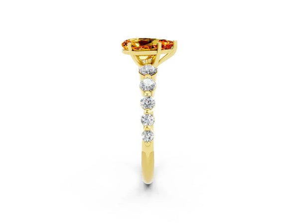 Yellow gold Pear Cut Solitaire Citrine Ring with Pave Band and Four-Prong Setting
