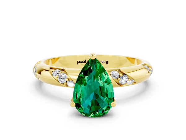 Yellow gold Pear Cut Emerald Solitaire Engagement Ring with Twisted Round  Accent Band and Prong Setting
