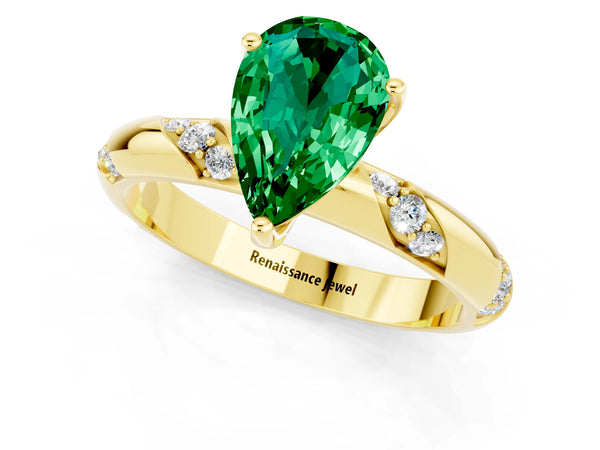 Yellow gold Pear Cut Emerald Solitaire Engagement Ring with Twisted Round  Accent Band and Prong Setting