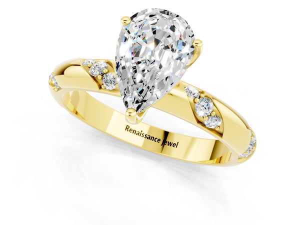 Yellow gold Pear Cut Moissanite Solitaire Engagement Ring with Twisted Round  Accent Band and Prong Setting