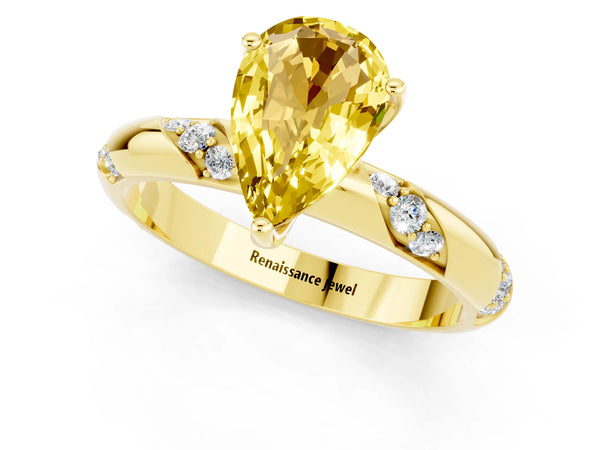 Yellow gold Pear Cut Yellow Sapphire Solitaire Engagement Ring with Twisted Round  Accent Band and Prong Setting