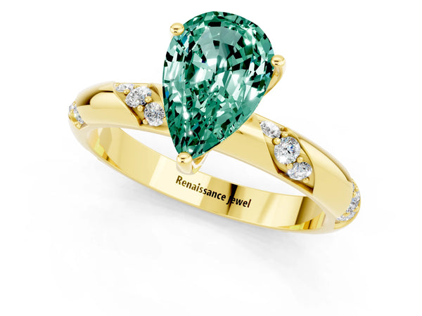 Yellow gold Pear Cut Green Sapphire Solitaire Engagement Ring with Twisted Round  Accent Band and Prong Setting