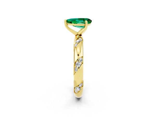 Yellow gold Pear Cut Emerald Solitaire Engagement Ring with Twisted Round  Accent Band and Prong Setting