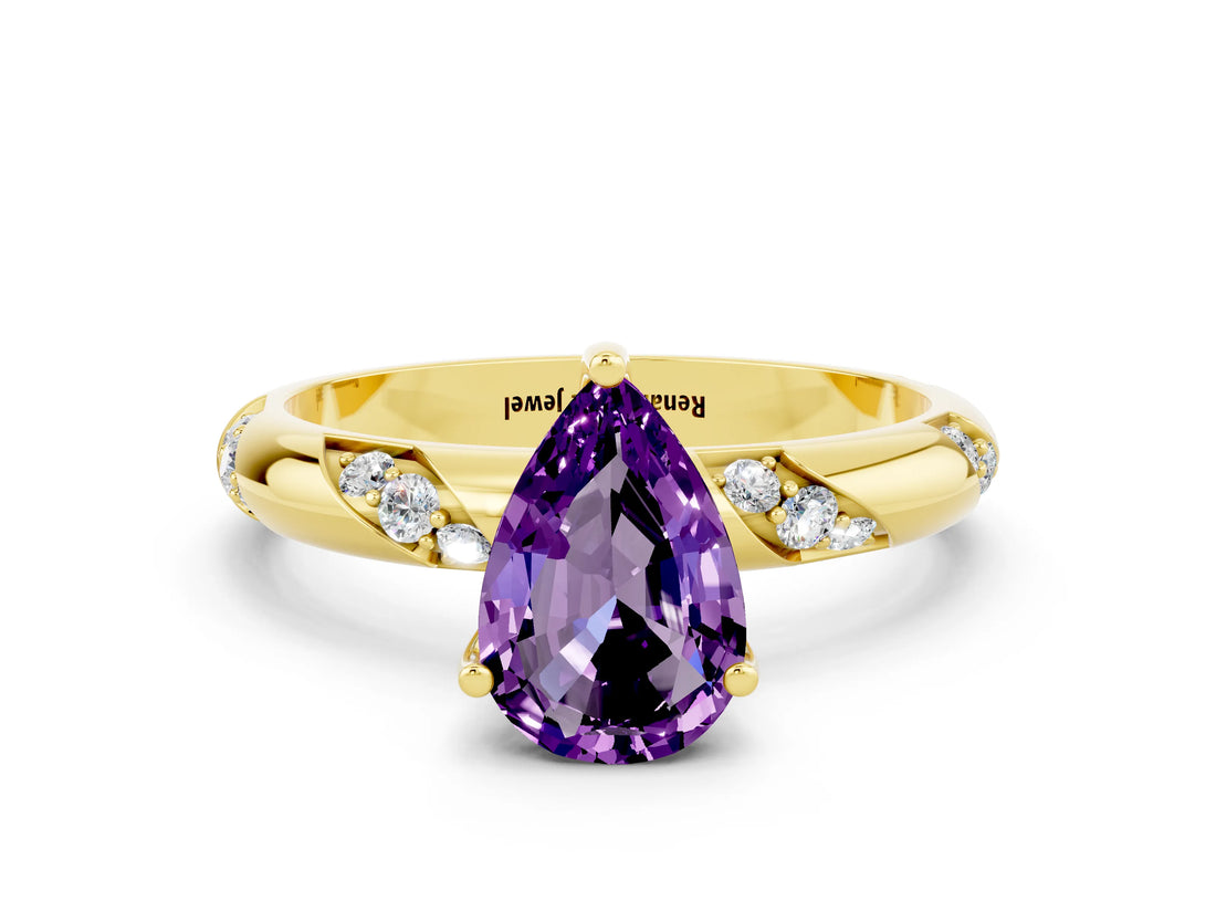 Yellow gold Pear Cut Solitaire Diamond Engagement Ring with Twisted Pave Band and Four-Prong Setting