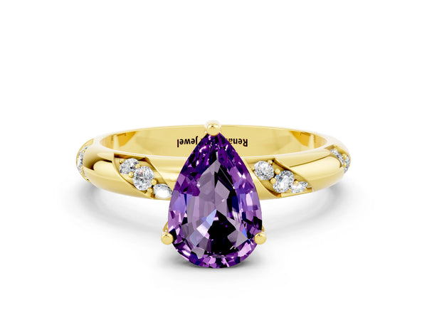 Yellow gold Pear Cut Amethyst Solitaire Engagement Ring with Twisted Round  Accent Band and Prong Setting