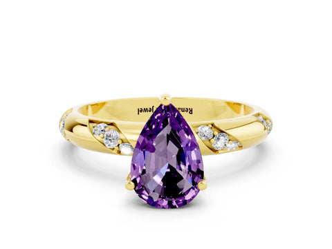 Yellow gold Pear Cut Solitaire Diamond Engagement Ring with Twisted Pave Band and Four-Prong Setting