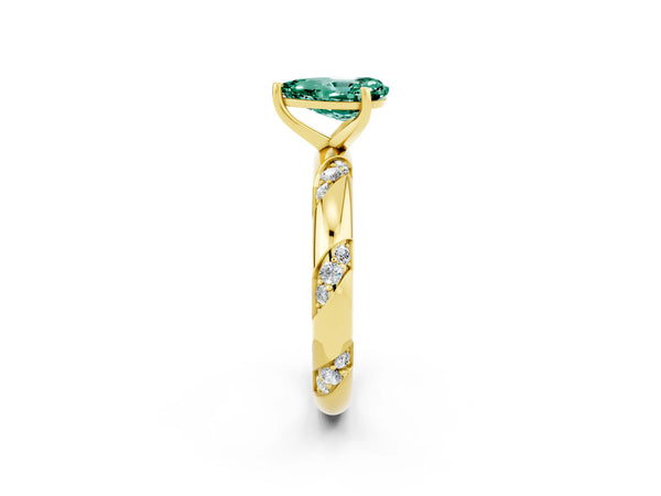 Yellow gold Pear Cut Green Sapphire Solitaire Engagement Ring with Twisted Round  Accent Band and Prong Setting
