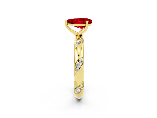 Yellow gold Pear Cut Ruby Solitaire Engagement Ring with Twisted Round  Accent Band and Prong Setting