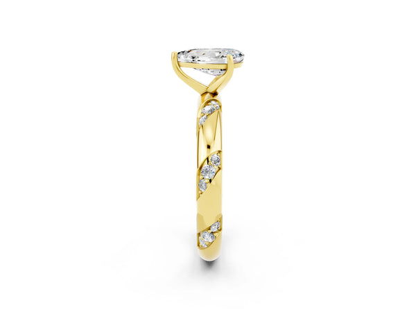 Yellow gold Pear Cut Moissanite Solitaire Engagement Ring with Twisted Round  Accent Band and Prong Setting