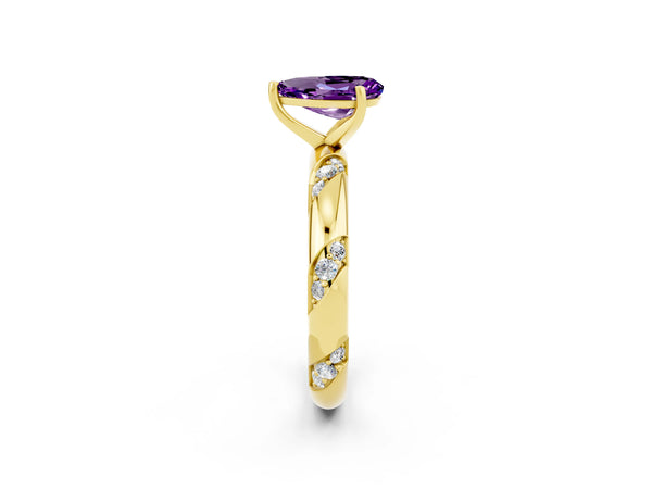 Yellow gold Pear Cut Amethyst Solitaire Engagement Ring with Twisted Round  Accent Band and Prong Setting
