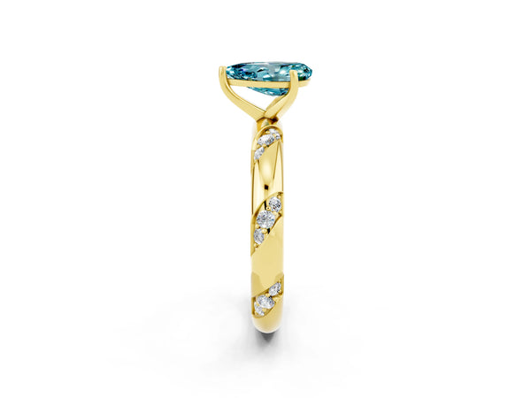 Yellow gold Pear Cut Solitaire Diamond Engagement Ring with Twisted Pave Band and Four-Prong Setting