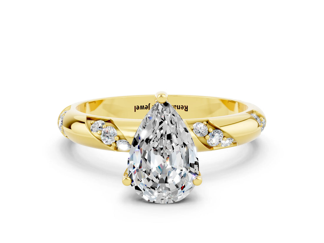 Yellow gold Pear Cut Solitaire Diamond Engagement Ring with Twisted Pave Band and Four-Prong Setting