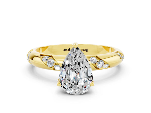 Yellow gold Pear Cut Moissanite Solitaire Engagement Ring with Twisted Round  Accent Band and Prong Setting