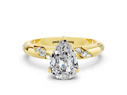 Yellow gold Pear Cut Solitaire Diamond Engagement Ring with Twisted Pave Band and Four-Prong Setting