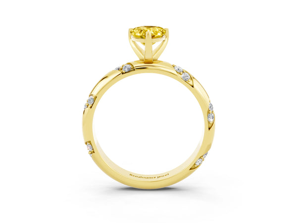 Yellow gold Pear Cut Yellow Sapphire Solitaire Engagement Ring with Twisted Round  Accent Band and Prong Setting