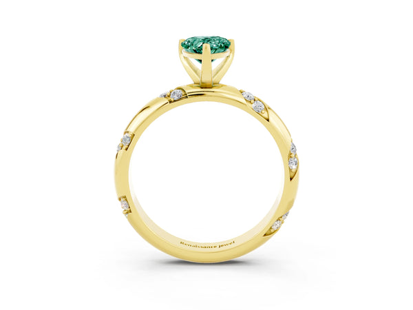 Yellow gold Pear Cut Green Sapphire Solitaire Engagement Ring with Twisted Round  Accent Band and Prong Setting