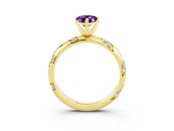 Yellow gold Pear Cut Amethyst Solitaire Engagement Ring with Twisted Round  Accent Band and Prong Setting