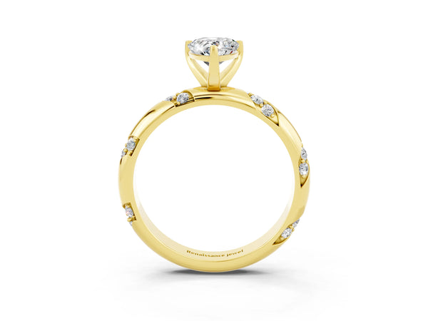 Yellow gold Pear Cut Moissanite Solitaire Engagement Ring with Twisted Round  Accent Band and Prong Setting