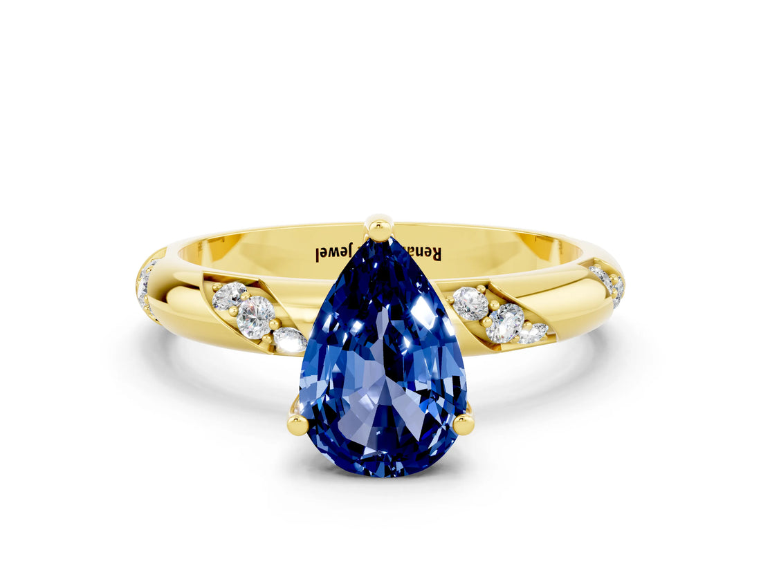 Yellow gold Pear Cut Solitaire Diamond Engagement Ring with Twisted Pave Band and Four-Prong Setting