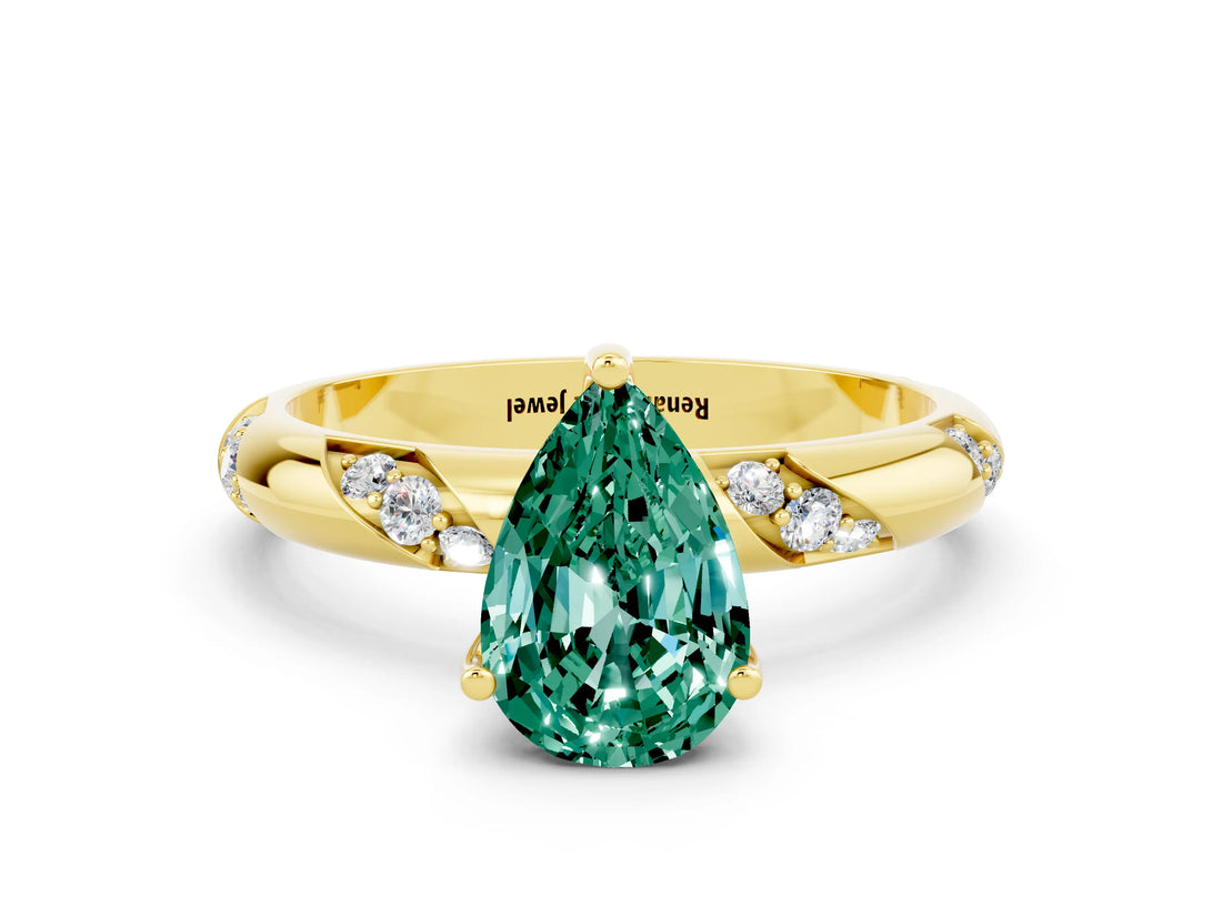 Yellow gold Pear Cut Solitaire Diamond Engagement Ring with Twisted Pave Band and Four-Prong Setting