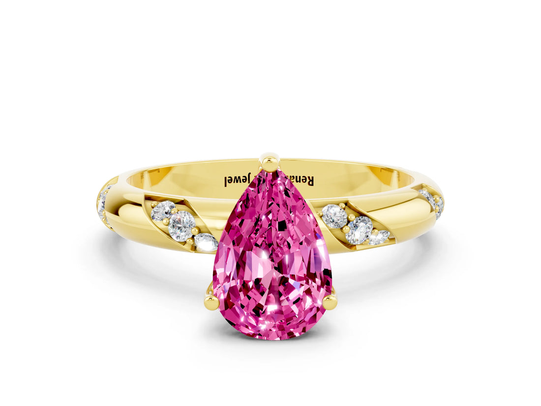 Yellow gold Pear Cut Solitaire Diamond Engagement Ring with Twisted Pave Band and Four-Prong Setting
