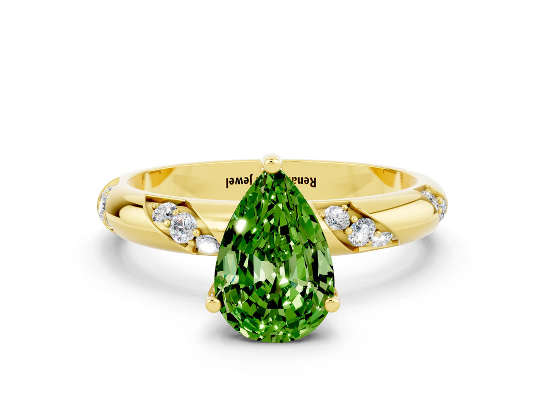 Yellow gold Pear Cut Solitaire Diamond Engagement Ring with Twisted Pave Band and Four-Prong Setting