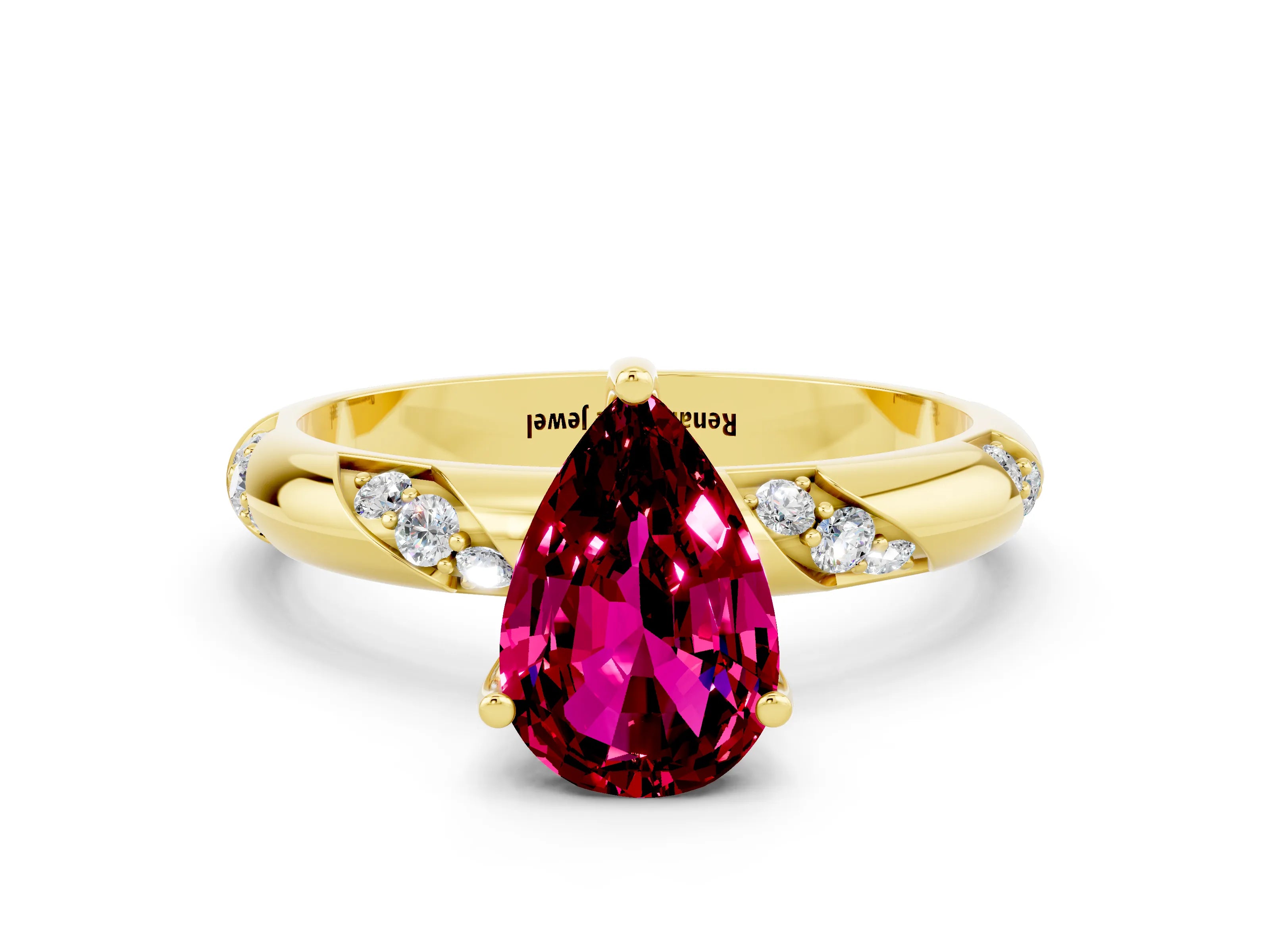 Yellow gold Pear Cut Solitaire Diamond Engagement Ring with Twisted Pave Band and Four-Prong Setting