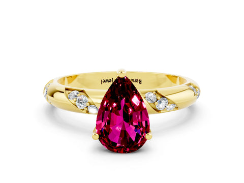 Yellow gold Pear Cut Solitaire Diamond Engagement Ring with Twisted Pave Band and Four-Prong Setting
