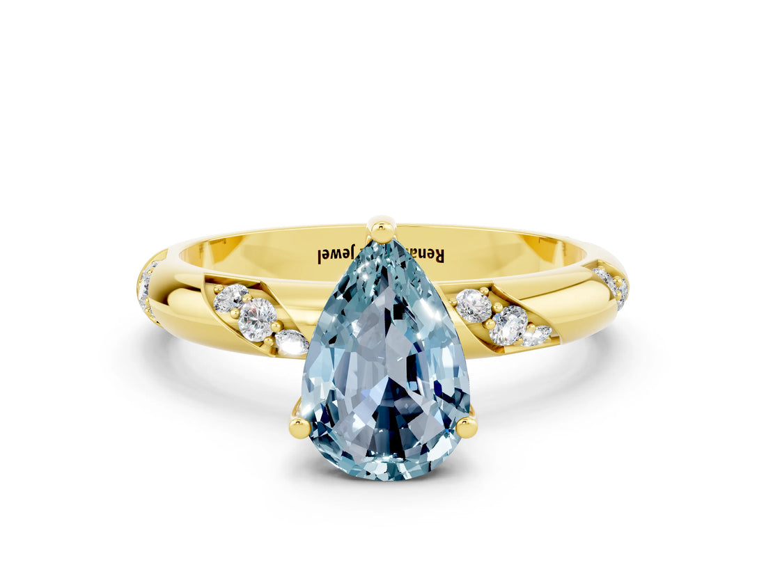 Yellow gold Pear Cut Solitaire Diamond Engagement Ring with Twisted Pave Band and Four-Prong Setting