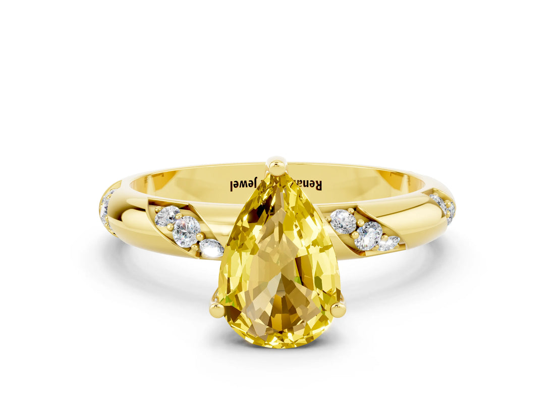 Yellow gold Pear Cut Solitaire Diamond Engagement Ring with Twisted Pave Band and Four-Prong Setting