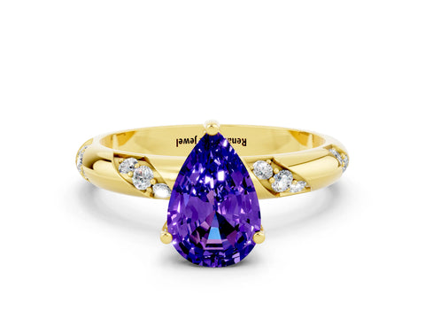 Yellow gold Pear Cut Solitaire Diamond Engagement Ring with Twisted Pave Band and Four-Prong Setting