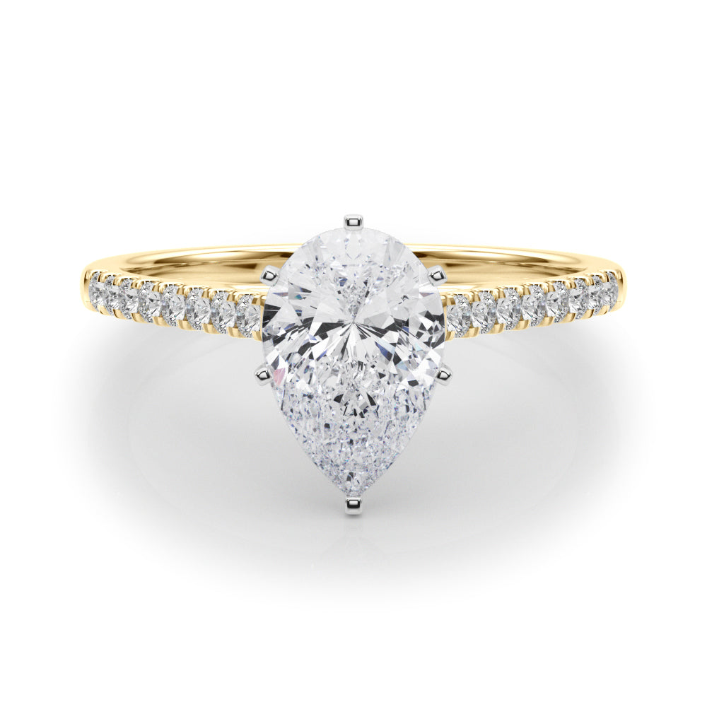 Yellow gold Pear Cut Solitaire Diamond Ring with Pave Band and Four-Prong Setting 1