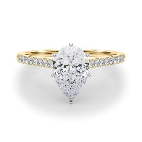 Yellow gold Pear Cut Solitaire Diamond Ring with Pave Band and Four-Prong Setting 1