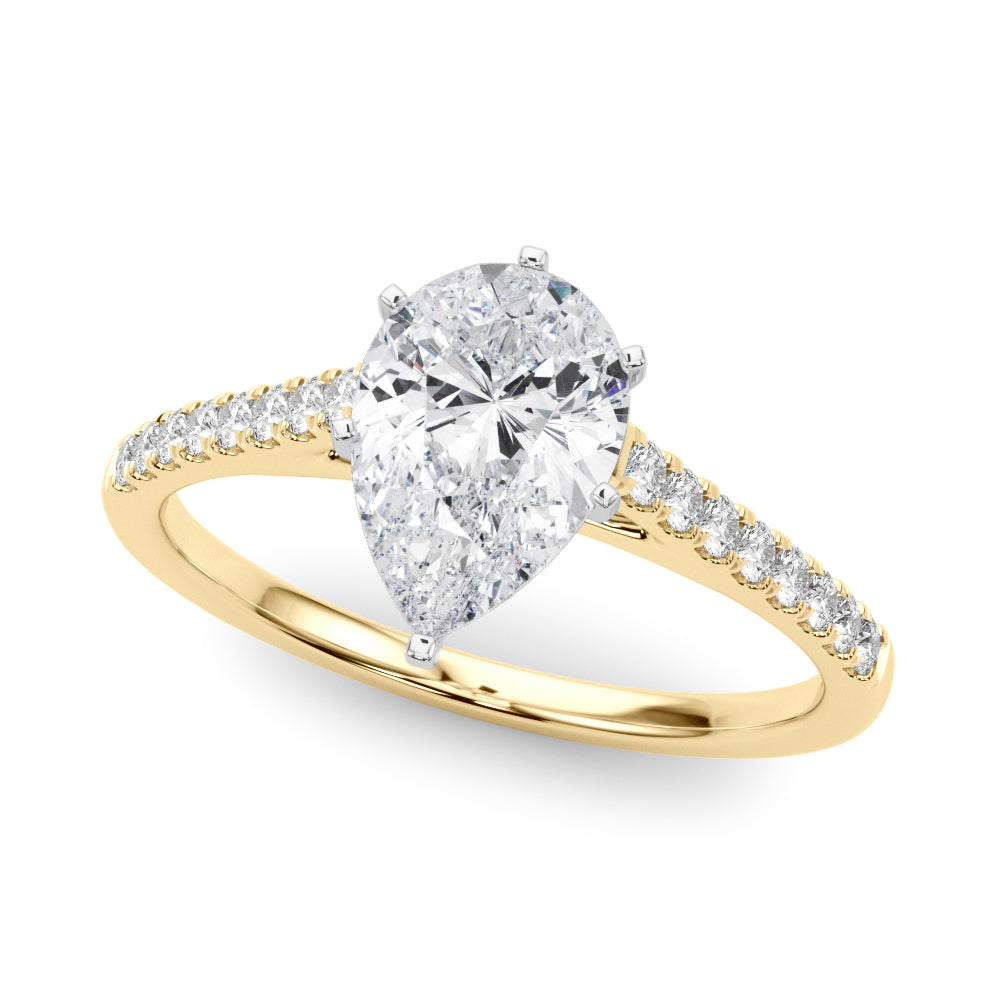 Yellow gold Pear Cut Solitaire Diamond Ring with Pave Band and Four-Prong Setting
