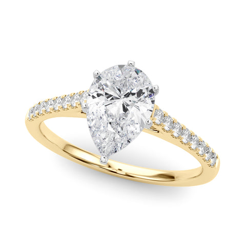 Yellow gold Pear Cut Solitaire Diamond Ring with Pave Band and Four-Prong Setting