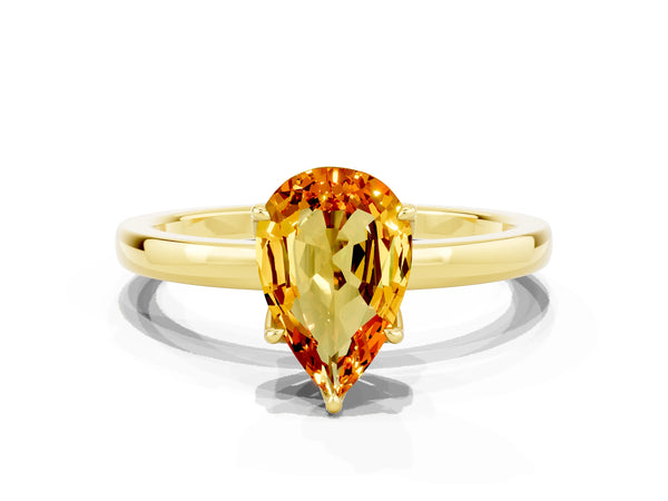 Yellow gold Pear Cut Citrine Solitaire Ring with Thin Band and Prong Setting